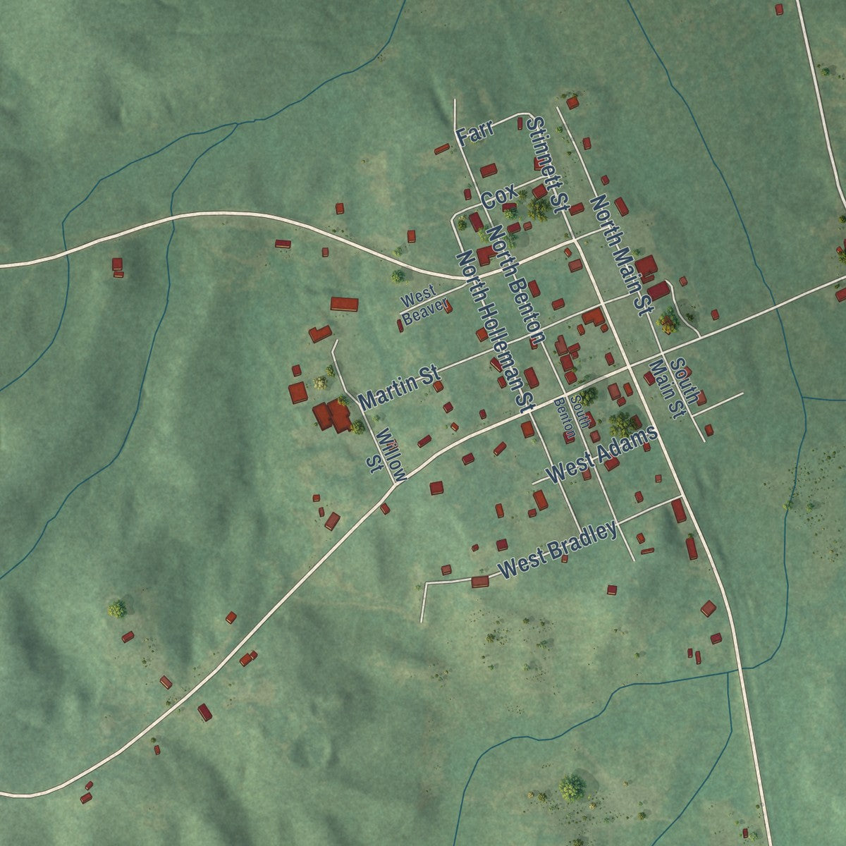 Close-up of the map of Chidester, Arkansas print showing street and building detail