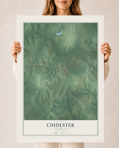 Map of Chidester, Arkansas, 24 x 36 inch print in a white wood frame