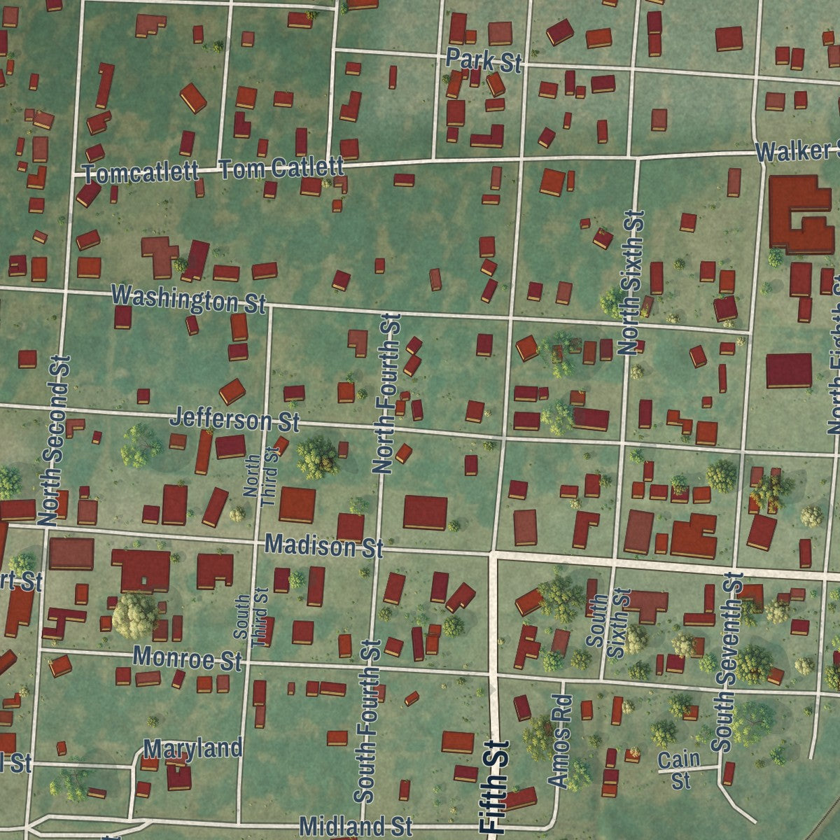 Close-up of the map of Clarendon, Arkansas print showing street and building detail