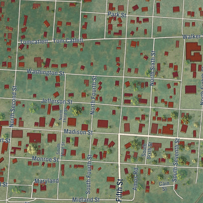 Close-up of the map of Clarendon, Arkansas print showing street and building detail