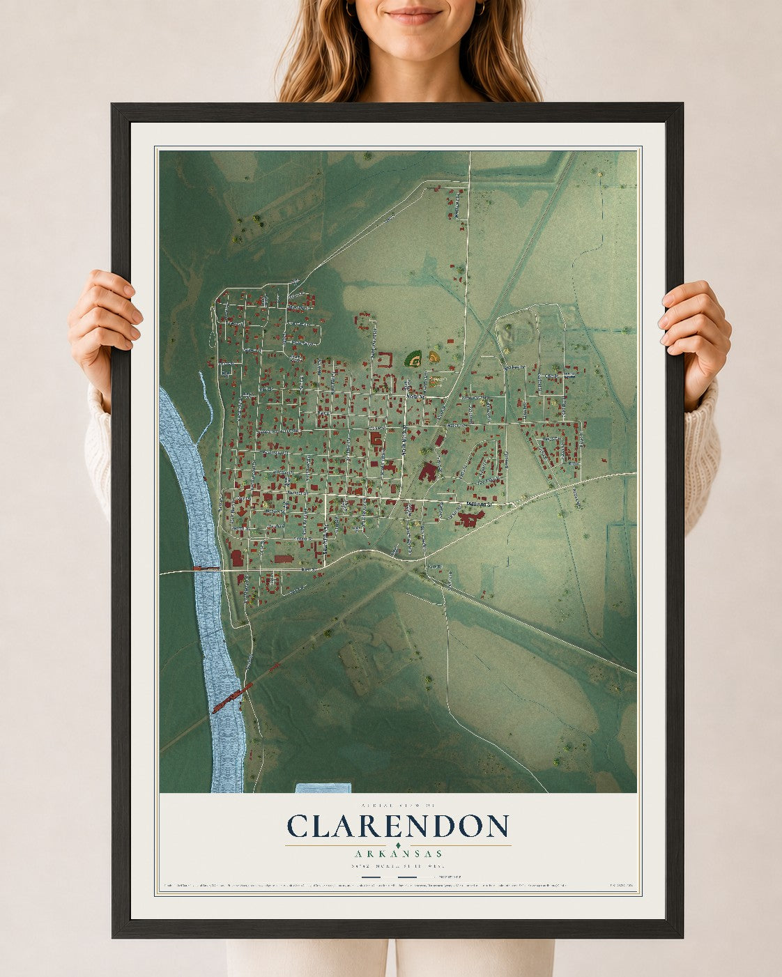 Map of Clarendon, Arkansas, 24 x 36 inch print in a black wood frame