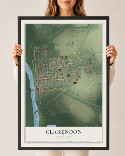 Map of Clarendon, Arkansas, 24 x 36 inch print in a black wood frame