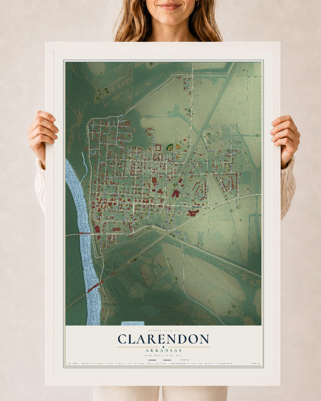 Map of Clarendon, Arkansas, 24 x 36 inch print in a white wood frame