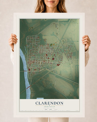 Map of Clarendon, Arkansas, 24 x 36 inch print in a white wood frame