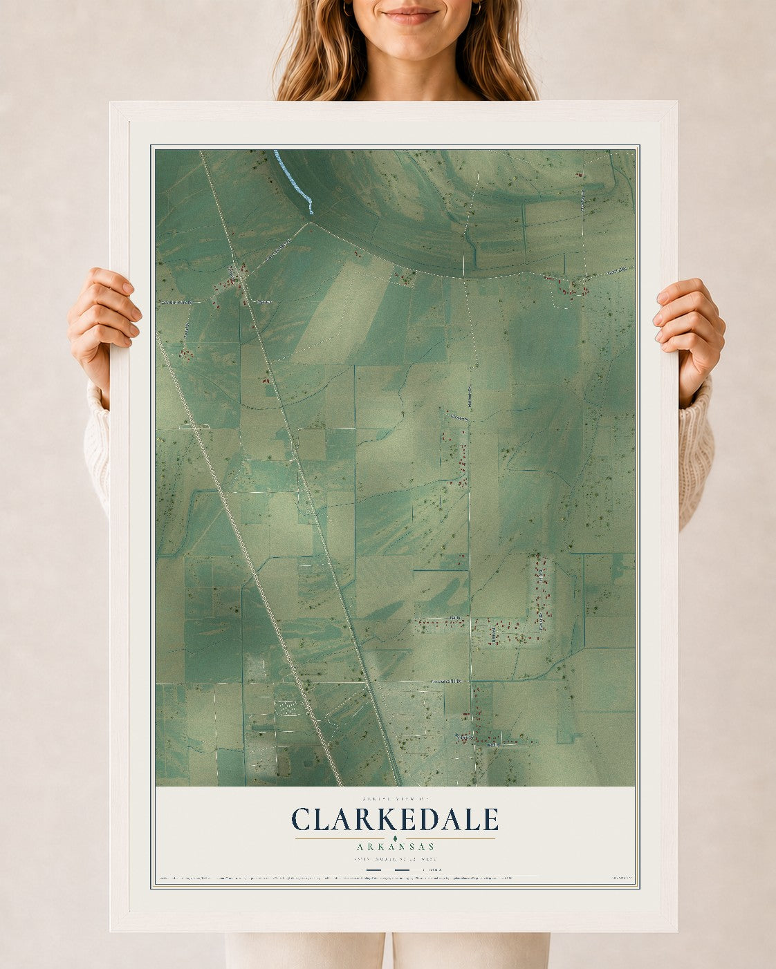 Map of Clarkedale, Arkansas, 24 x 36 inch print in a white wood frame