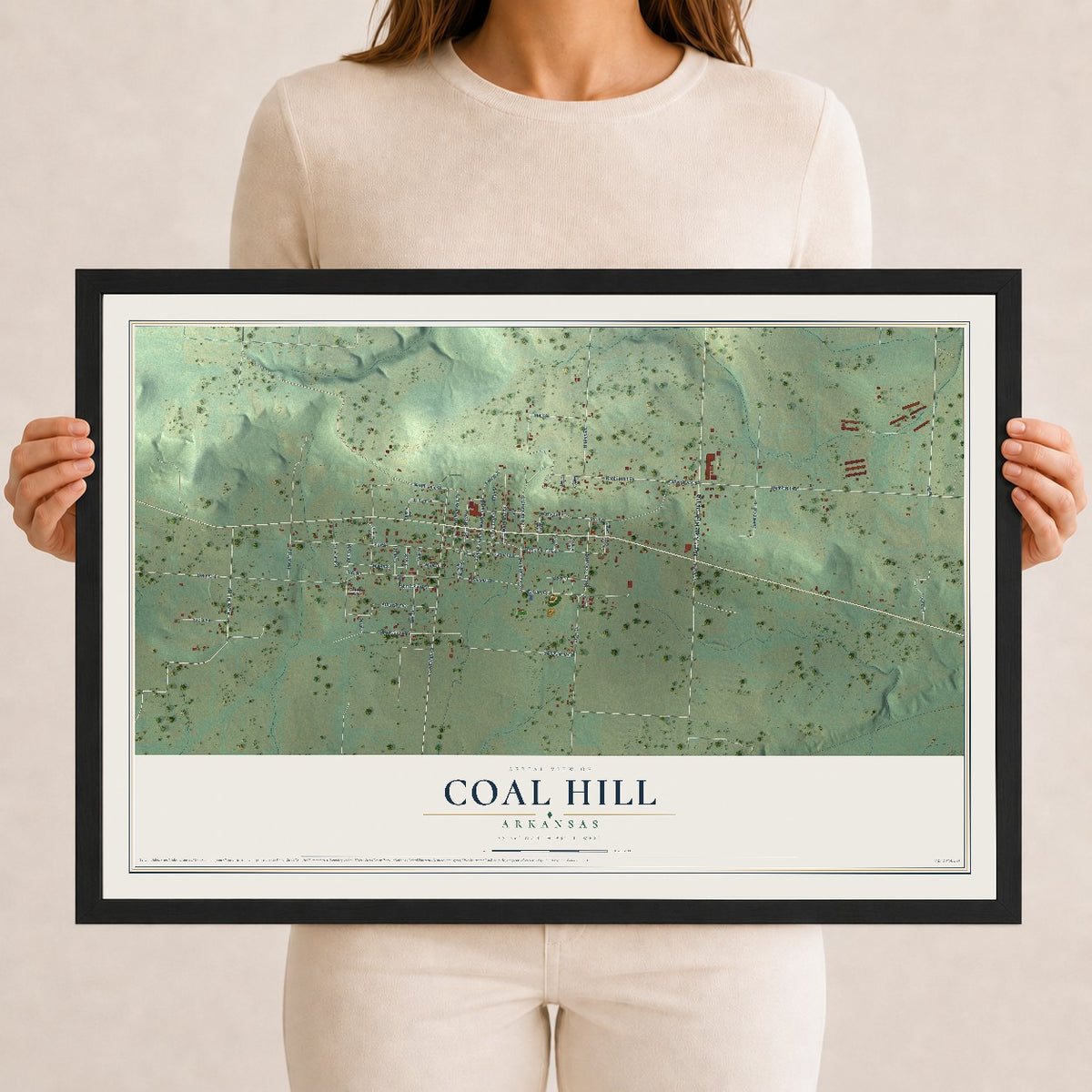 Map of Coal Hill, Arkansas, 12 x 18 inch print in a black wood frame