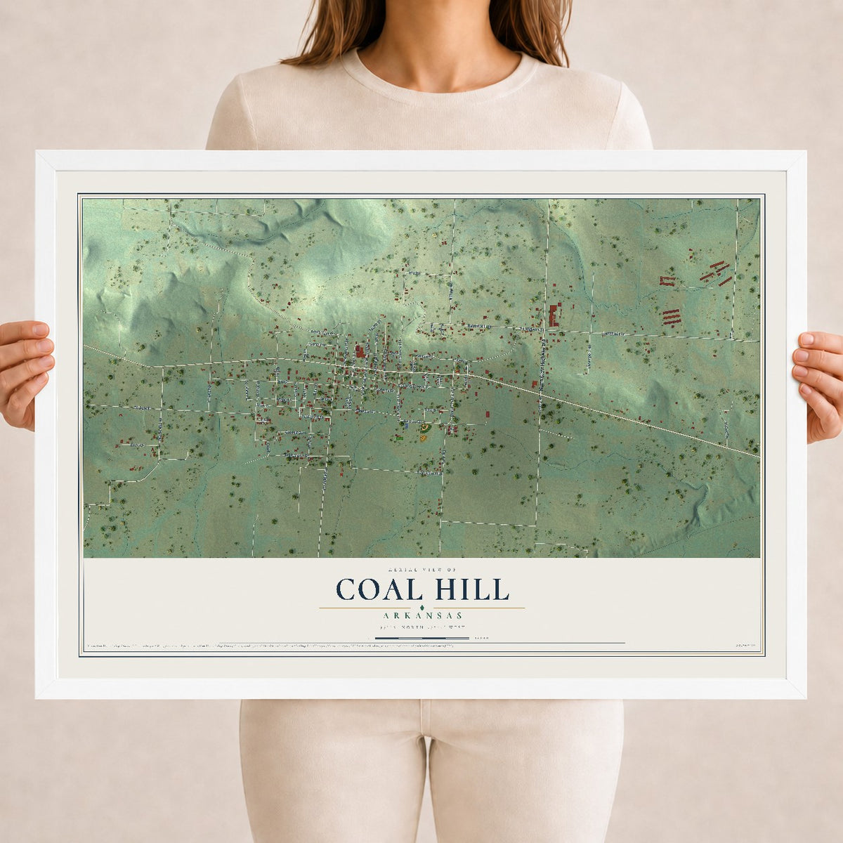Map of Coal Hill, Arkansas, 18 x 24 inch print in a white wood frame