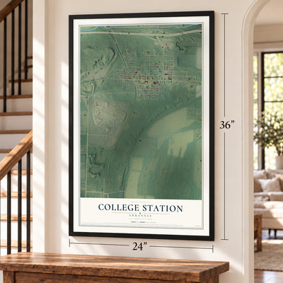 College Station, Arkansas map, 24 x 36 inch print in a black frame by a staircase