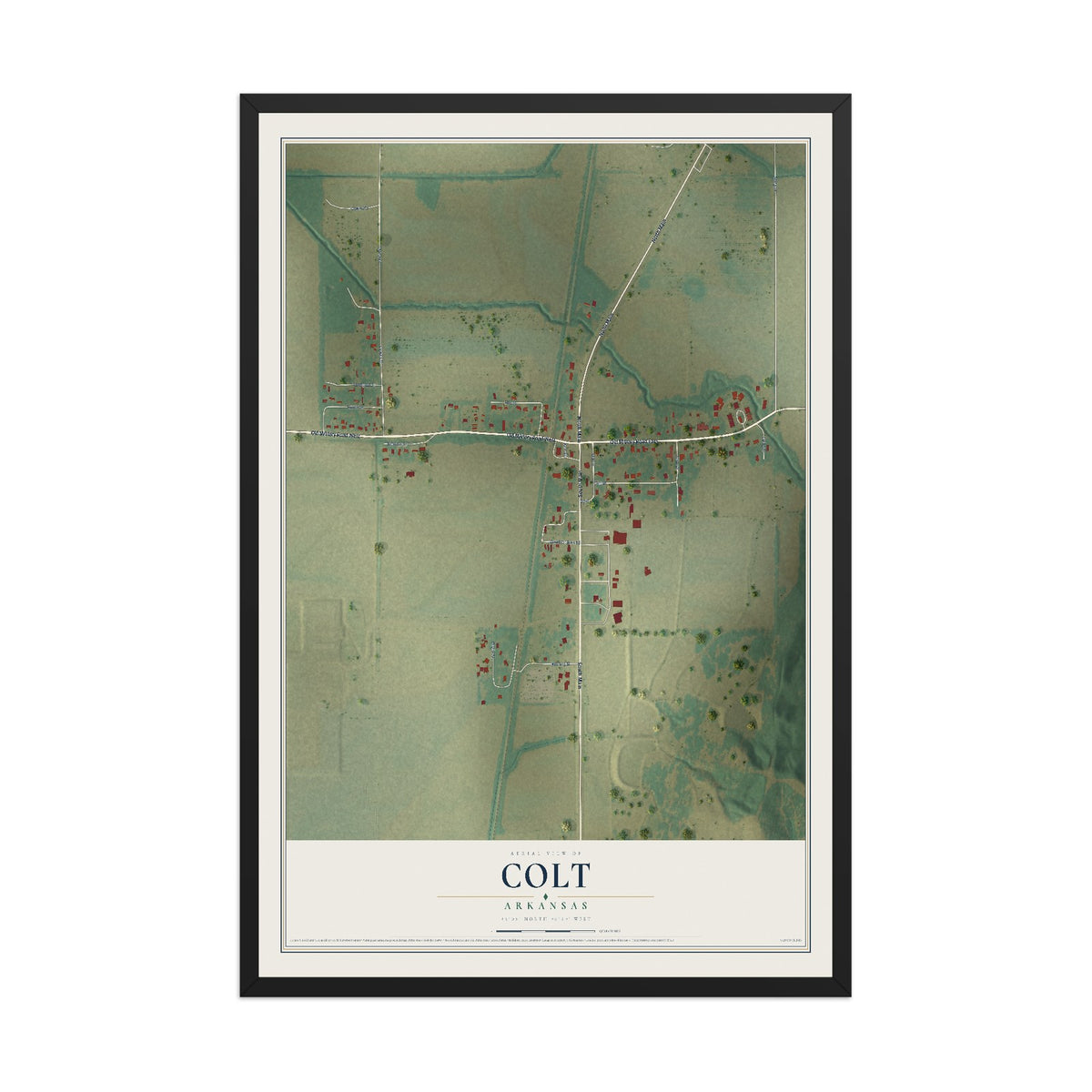 Map of Colt, Arkansas, 12 x 18 inch print in a black wood frame