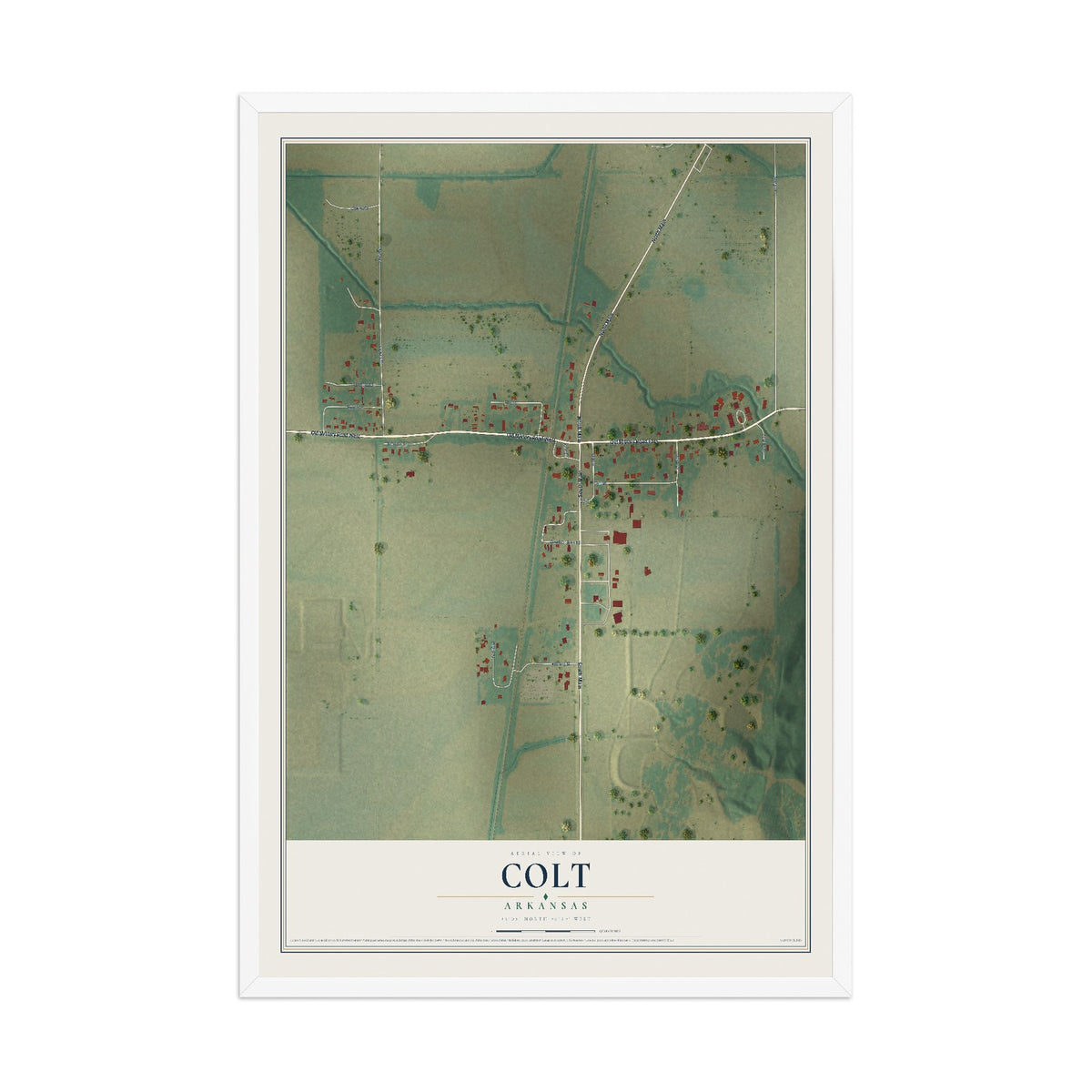 Map of Colt, Arkansas, 12 x 18 inch print in a white wood frame