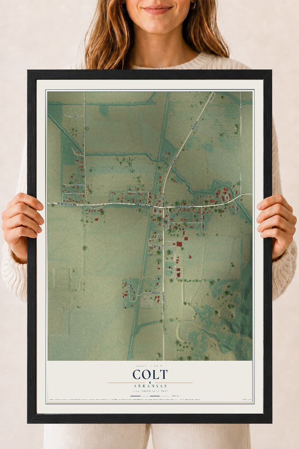 Map of Colt, Arkansas, 18 x 24 inch print in a black wood frame