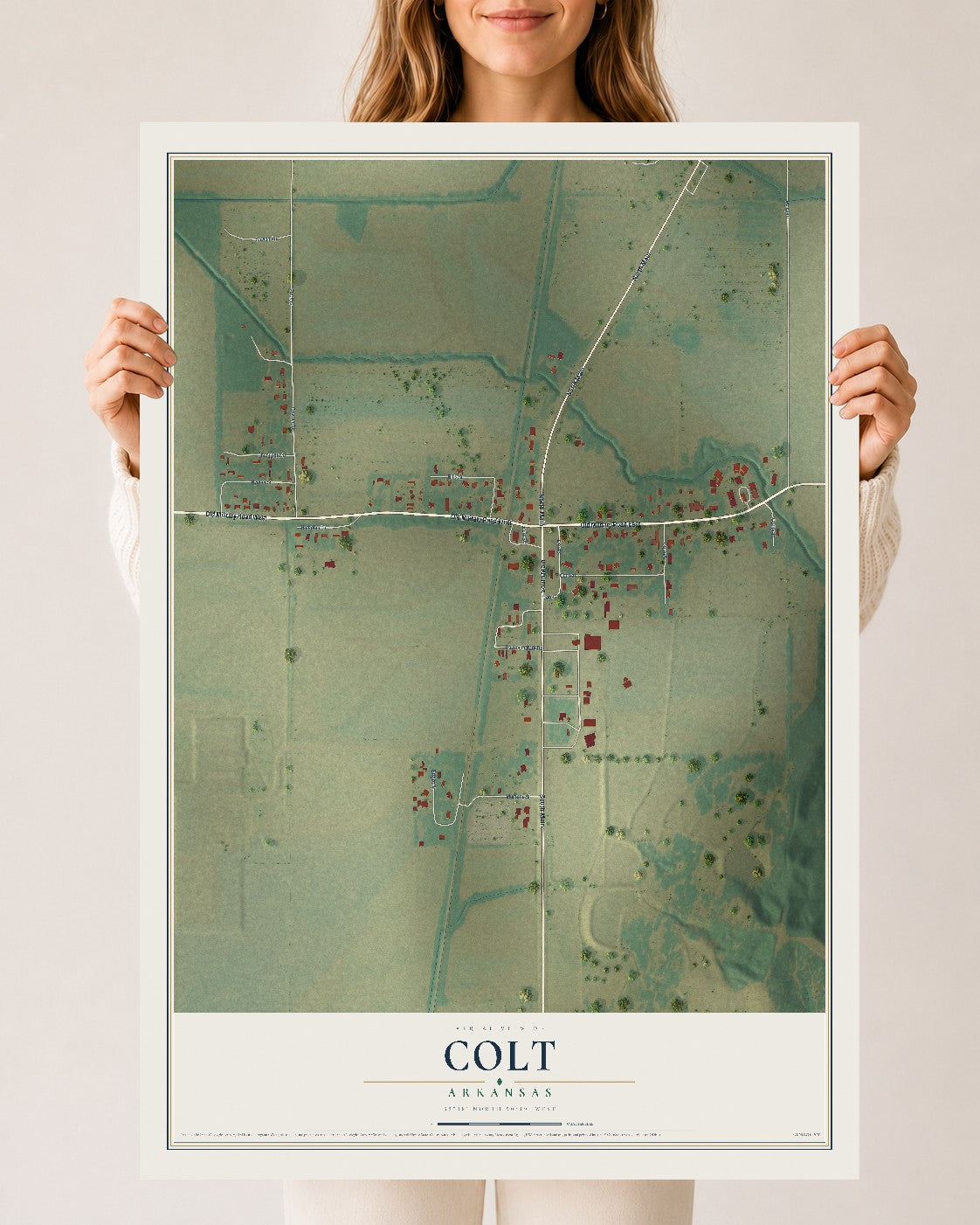 Map of Colt, Arkansas, 24 x 36 inch unframed archival matte print