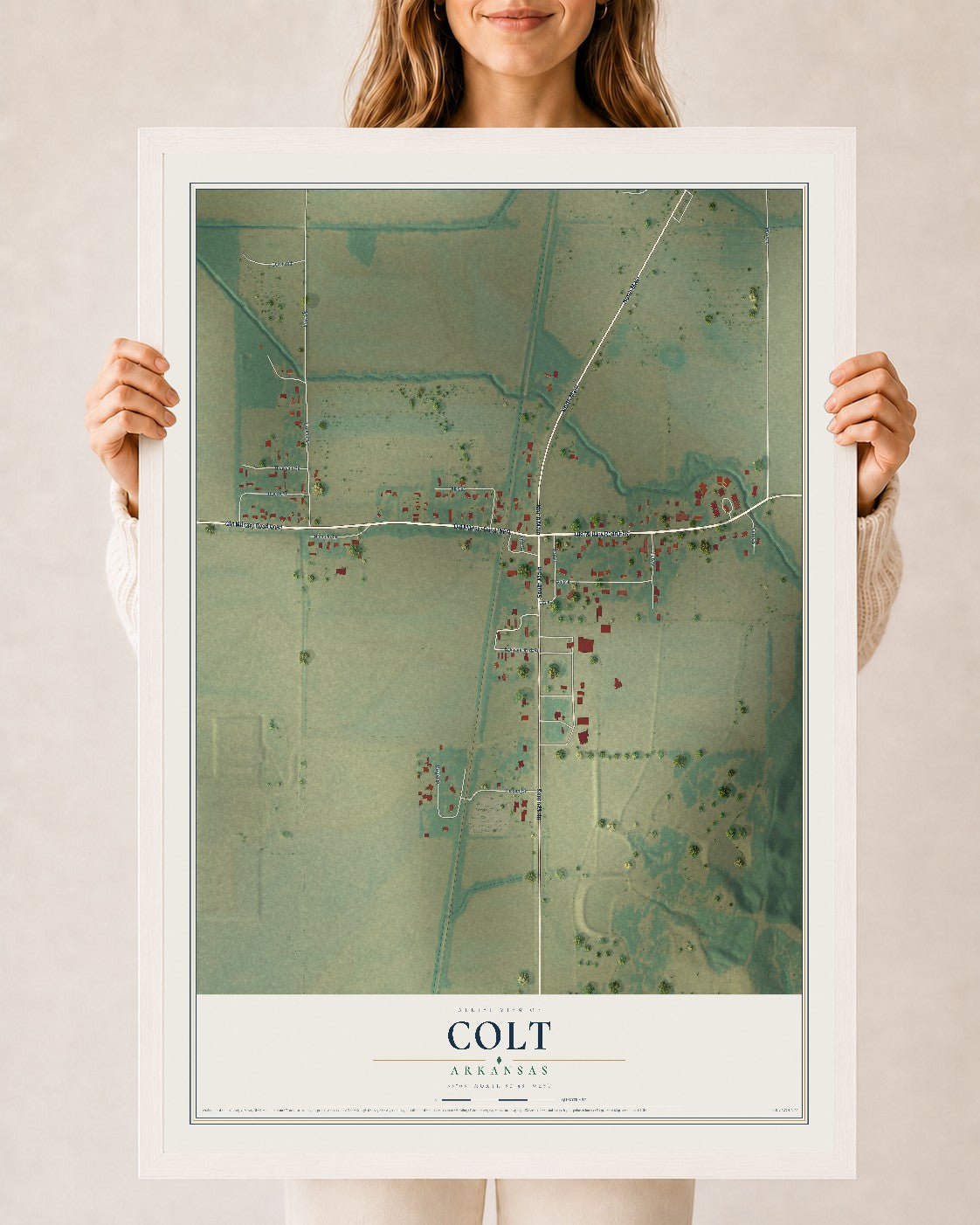 Map of Colt, Arkansas, 24 x 36 inch print in a white wood frame