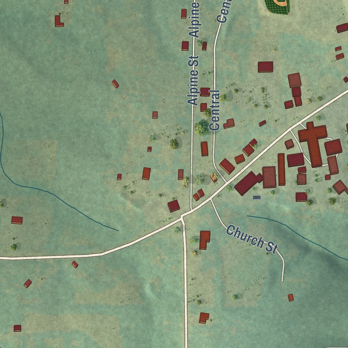 Close-up of the map of Concord, Arkansas print showing street and building detail