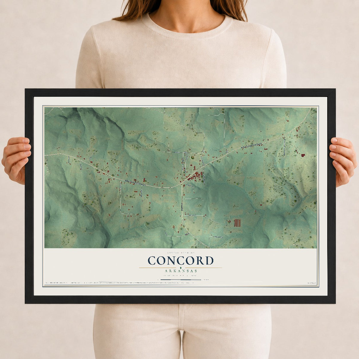 Map of Concord, Arkansas, 12 x 18 inch print in a black wood frame