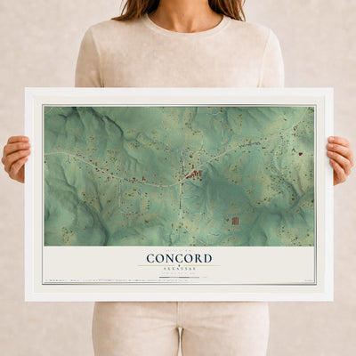 Map of Concord, Arkansas, 12 x 18 inch print in a white wood frame