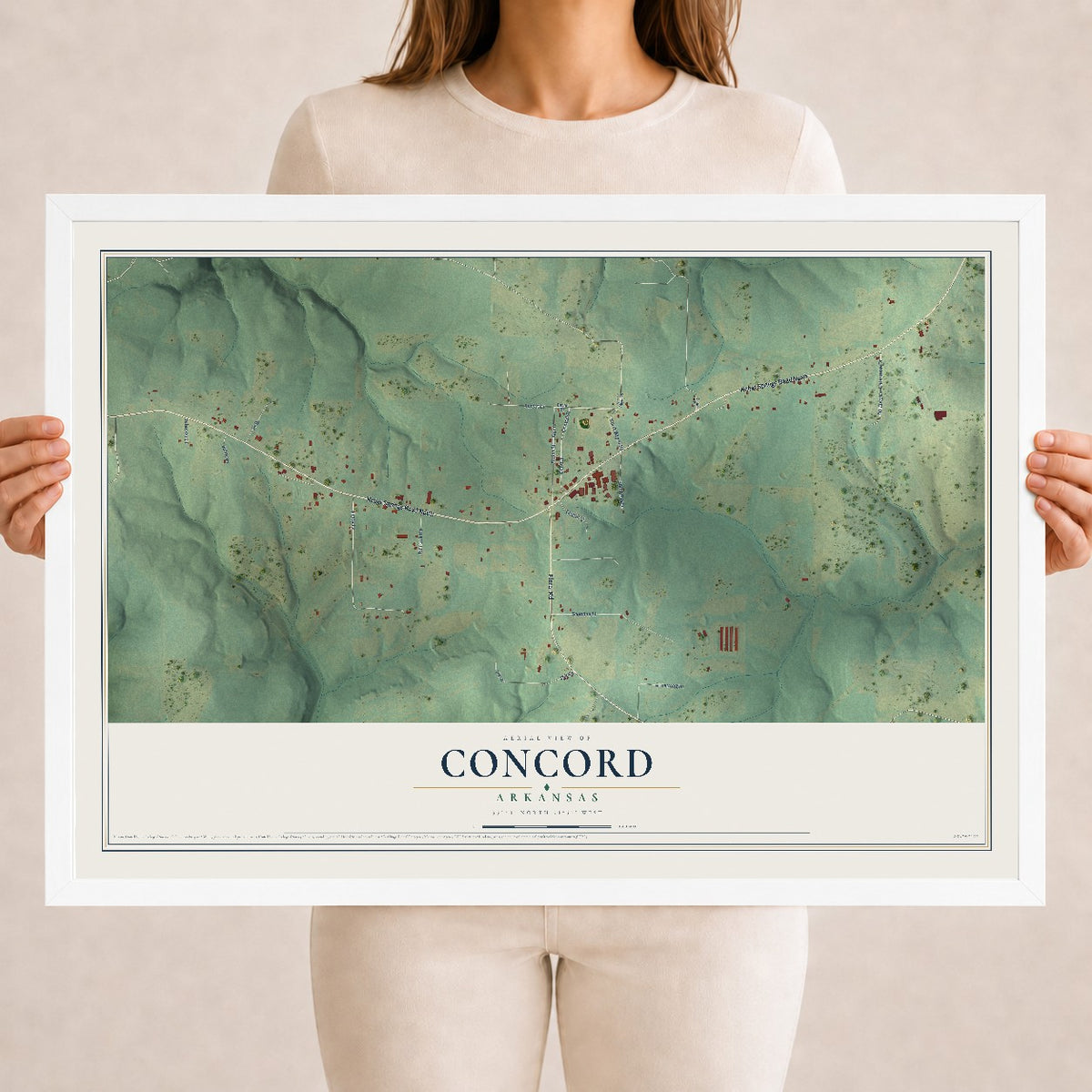 Map of Concord, Arkansas, 18 x 24 inch print in a white wood frame