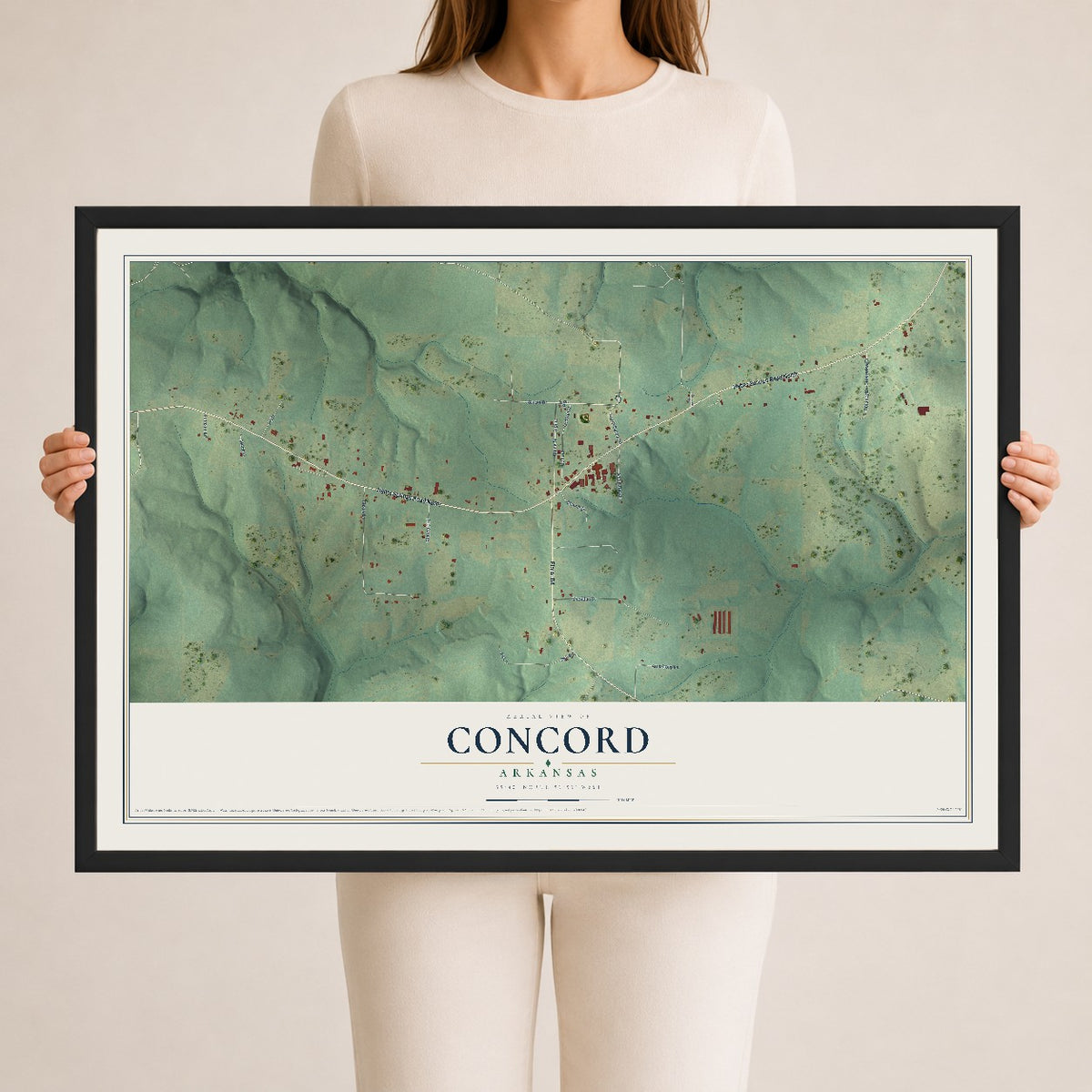 Map of Concord, Arkansas, 24 x 36 inch print in a black wood frame