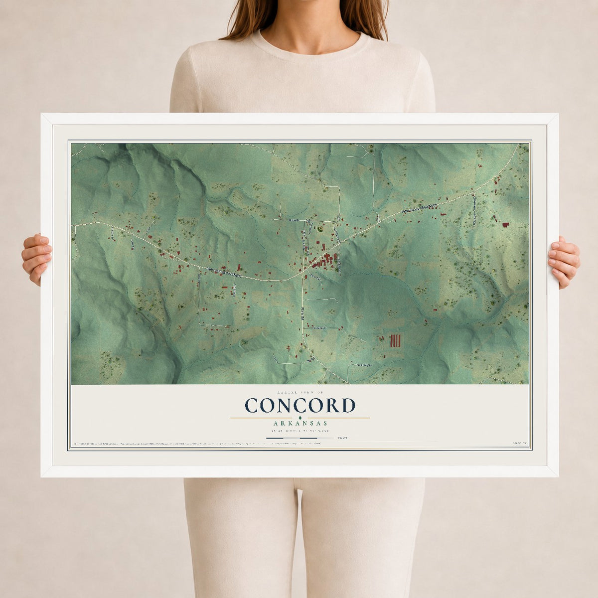 Map of Concord, Arkansas, 24 x 36 inch print in a white wood frame