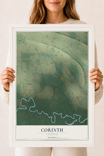 Map of Corinth, Arkansas, 18 x 24 inch print in a white wood frame