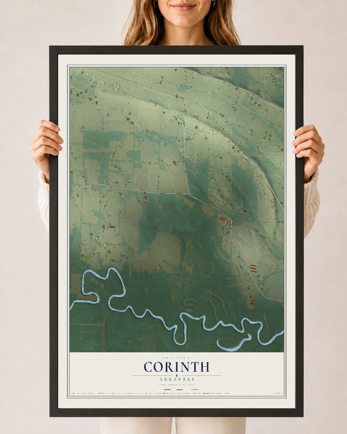Map of Corinth, Arkansas, 24 x 36 inch print in a black wood frame