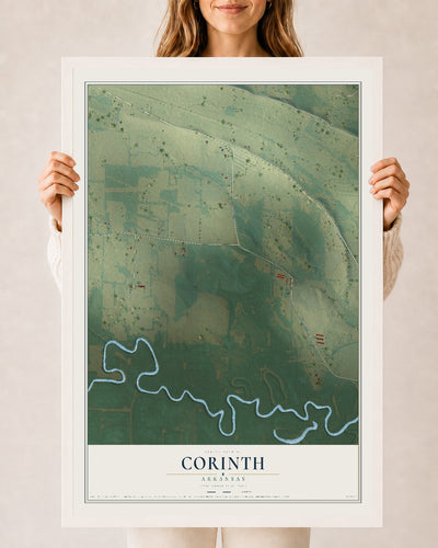 Map of Corinth, Arkansas, 24 x 36 inch print in a white wood frame