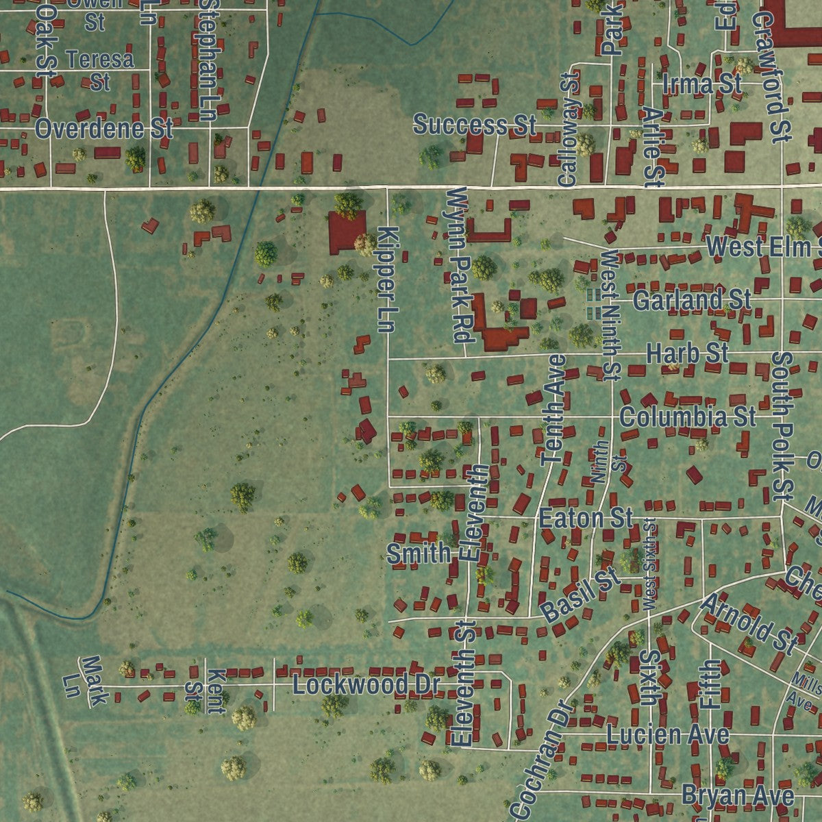 Close-up of the map of Corning, Arkansas print showing street and building detail