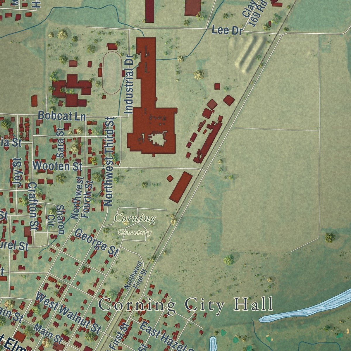 Second close-up of the map of Corning, Arkansas print showing more streets and buildings