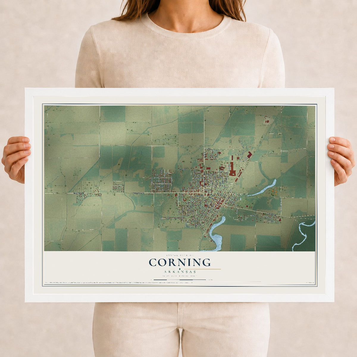 Map of Corning, Arkansas, 12 x 18 inch print in a white wood frame