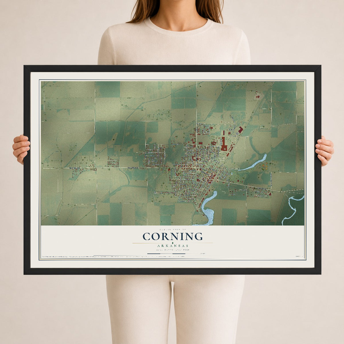 Map of Corning, Arkansas, 24 x 36 inch print in a black wood frame