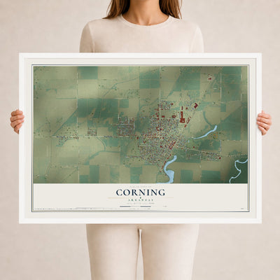 Map of Corning, Arkansas, 24 x 36 inch print in a white wood frame