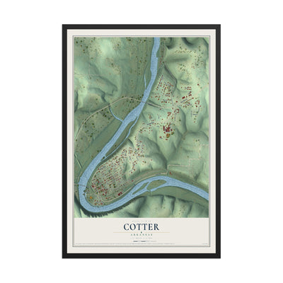 Map of Cotter, Arkansas, 12 x 18 inch print in a black wood frame