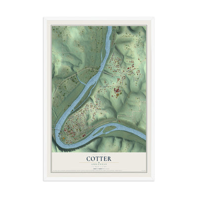 Map of Cotter, Arkansas, 12 x 18 inch print in a white wood frame