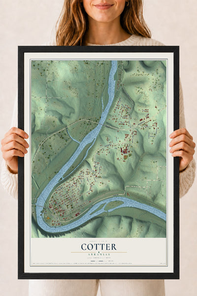 Map of Cotter, Arkansas, 18 x 24 inch print in a black wood frame