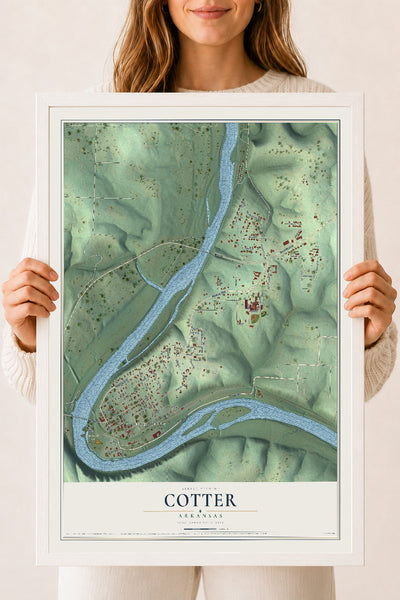 Map of Cotter, Arkansas, 18 x 24 inch print in a white wood frame