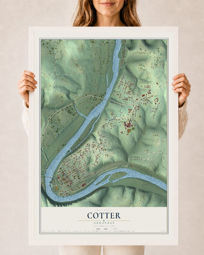 Map of Cotter, Arkansas, 24 x 36 inch print in a white wood frame