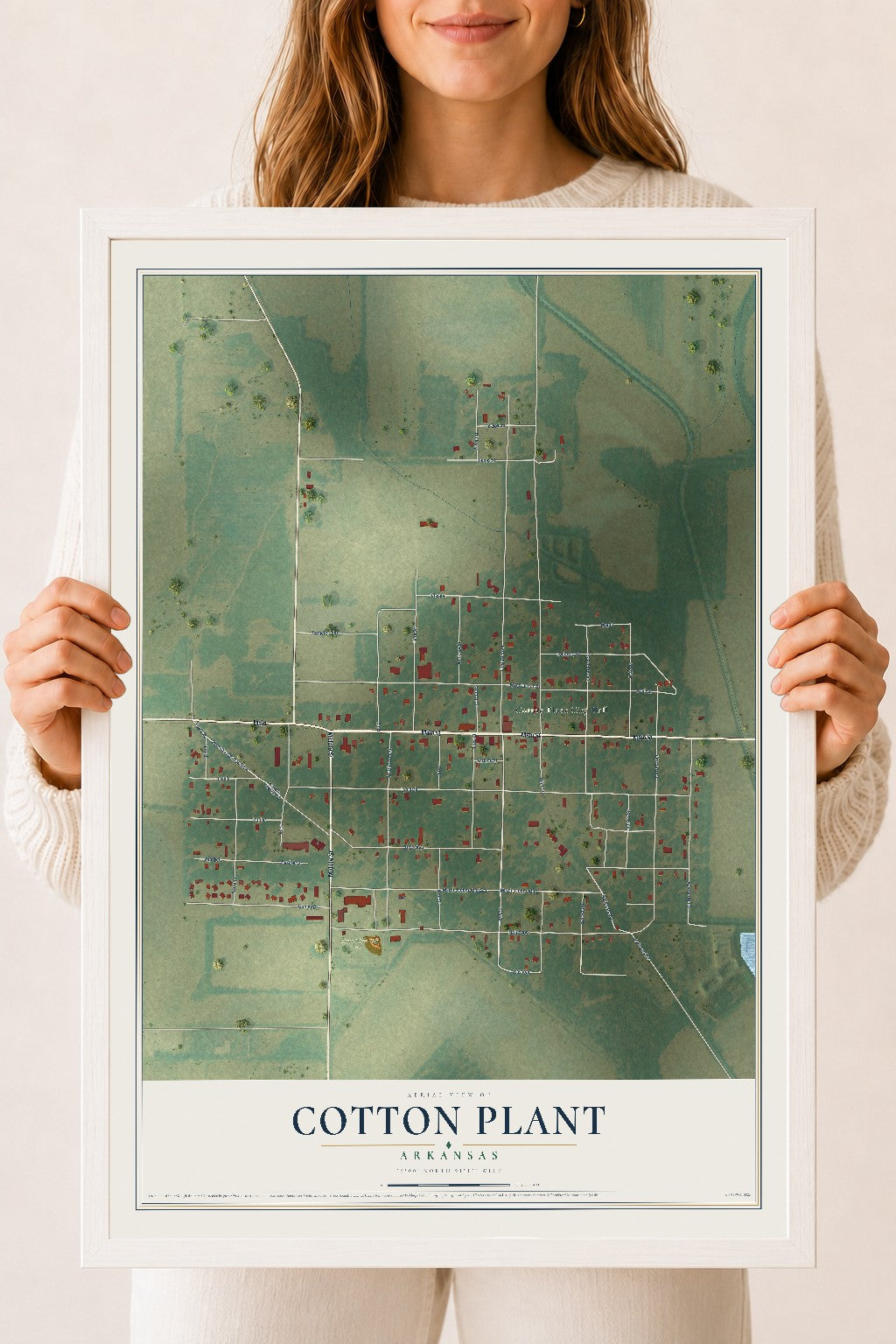 Map of Cotton Plant, Arkansas, 18 x 24 inch print in a white wood frame