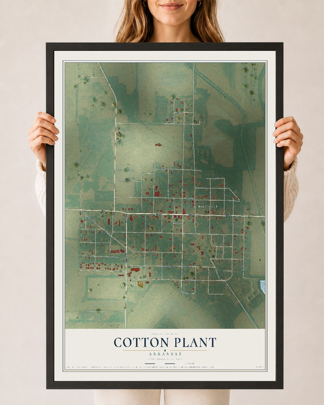 Map of Cotton Plant, Arkansas, 24 x 36 inch print in a black wood frame