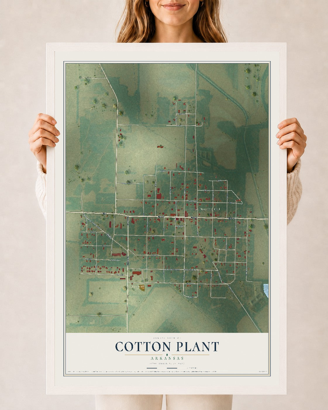 Map of Cotton Plant, Arkansas, 24 x 36 inch print in a white wood frame