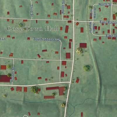 Close-up of the map of Cove, Arkansas print showing street and building detail