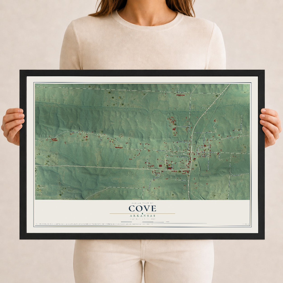 Map of Cove, Arkansas, 12 x 18 inch print in a black wood frame