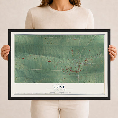 Map of Cove, Arkansas, 12 x 18 inch print in a black wood frame