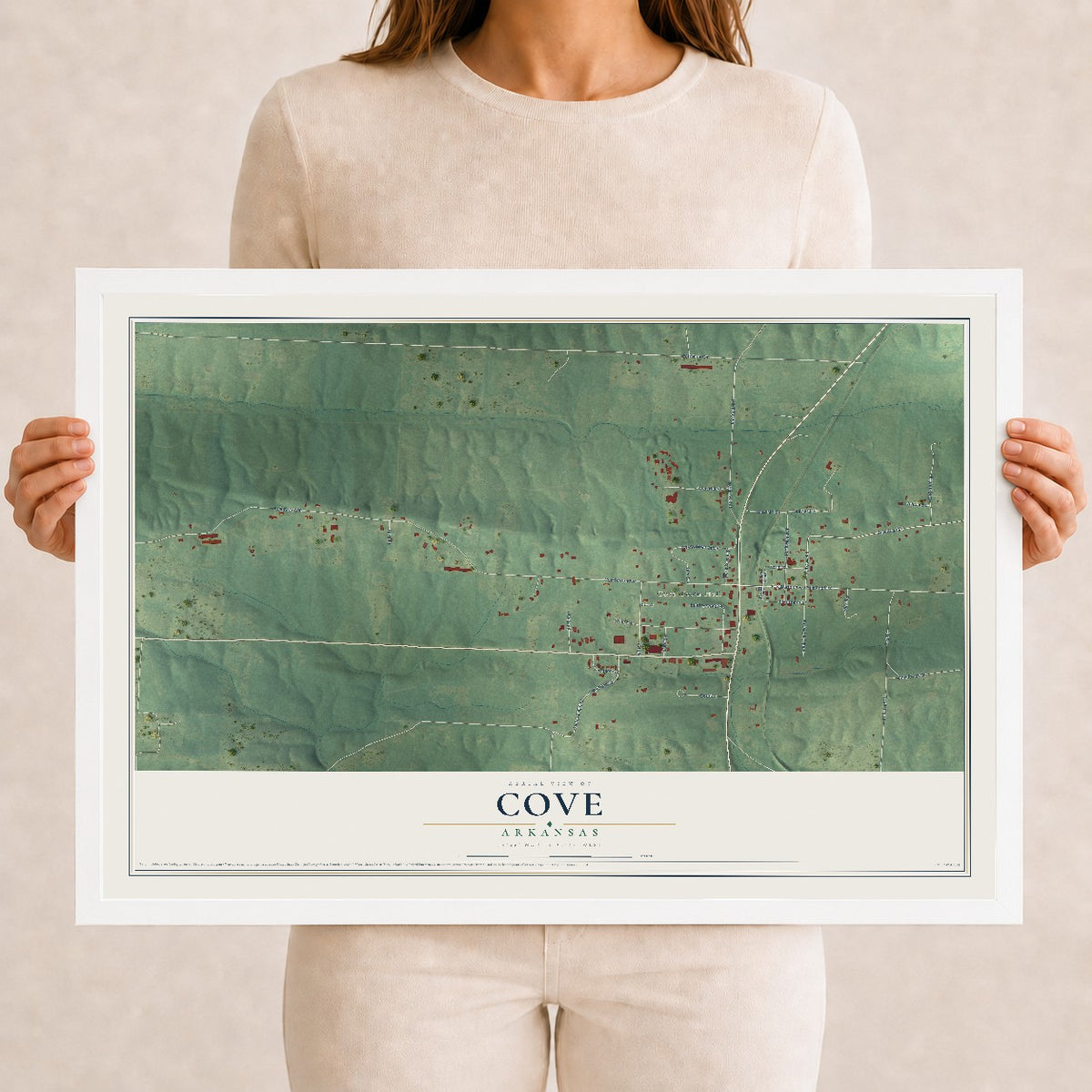 Map of Cove, Arkansas, 12 x 18 inch print in a white wood frame