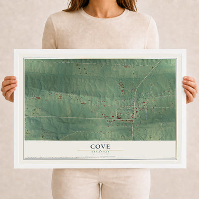 Map of Cove, Arkansas, 12 x 18 inch print in a white wood frame