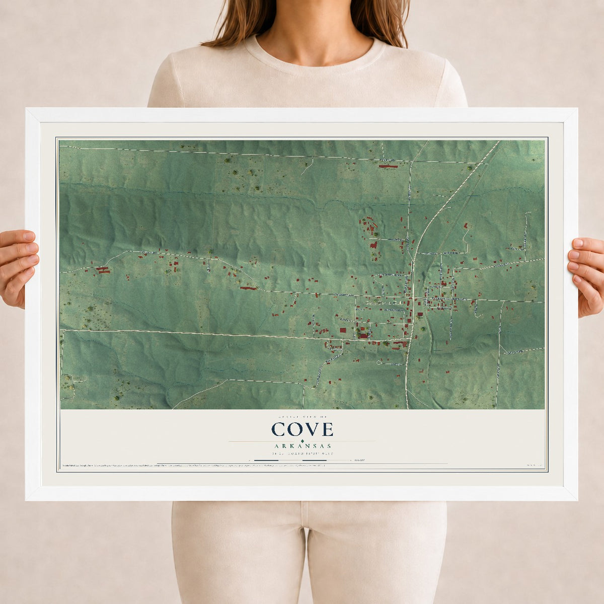 Map of Cove, Arkansas, 18 x 24 inch print in a white wood frame