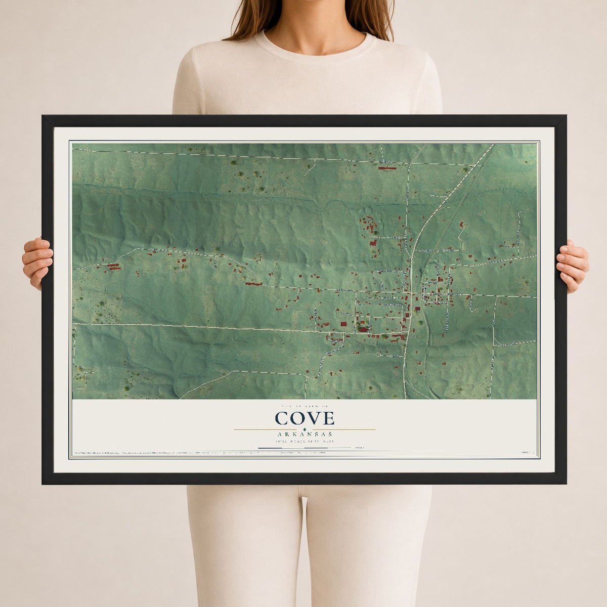 Map of Cove, Arkansas, 24 x 36 inch print in a black wood frame
