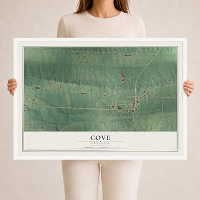 Map of Cove, Arkansas, 24 x 36 inch print in a white wood frame