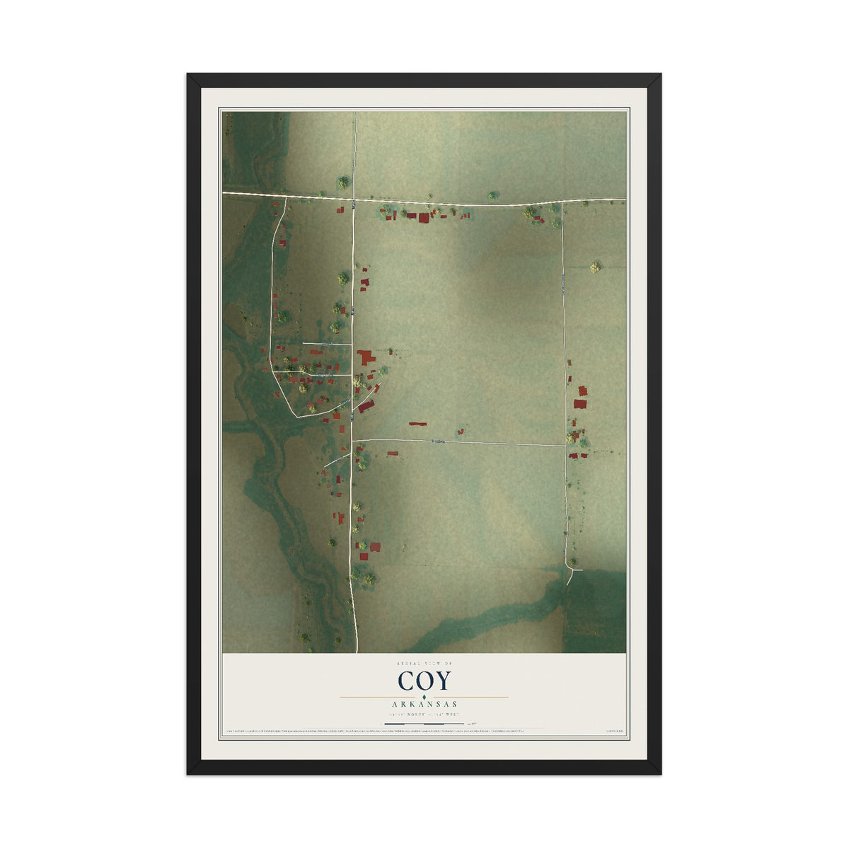 Map of Coy, Arkansas, 12 x 18 inch print in a black wood frame