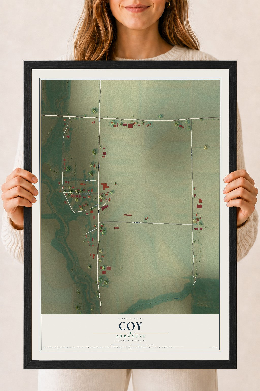 Map of Coy, Arkansas, 18 x 24 inch print in a black wood frame