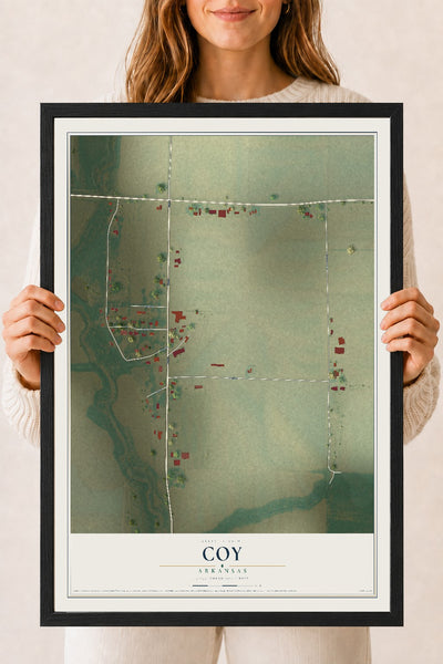 Map of Coy, Arkansas, 18 x 24 inch print in a black wood frame